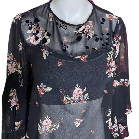 Zara Basic Z1975 Denim Top Sheer Floral Black Small - Picture 3 of 12
